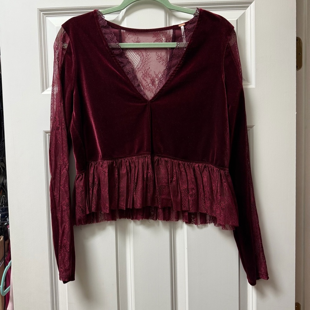 Free People Burgundy Velvet Lace Peplum Blouse